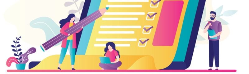 an illustration of people working on a survey on a giant laptop screen